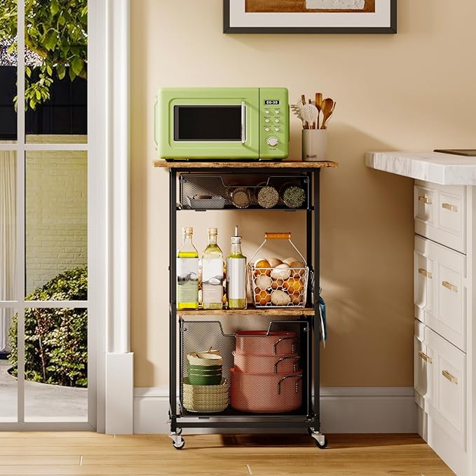 Microwave Stand with Drawers & Hooks, 3-Tier Rolling Kitchen Cart - Image 2