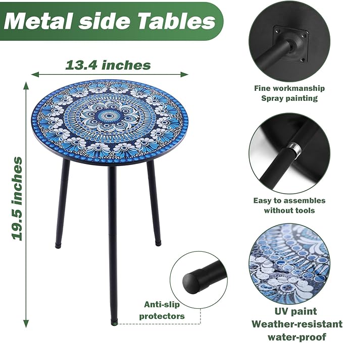 2 Packs Metal Mosaic Round Side Table 13.4" Small Outdoor Patio Round Accent - Image 3