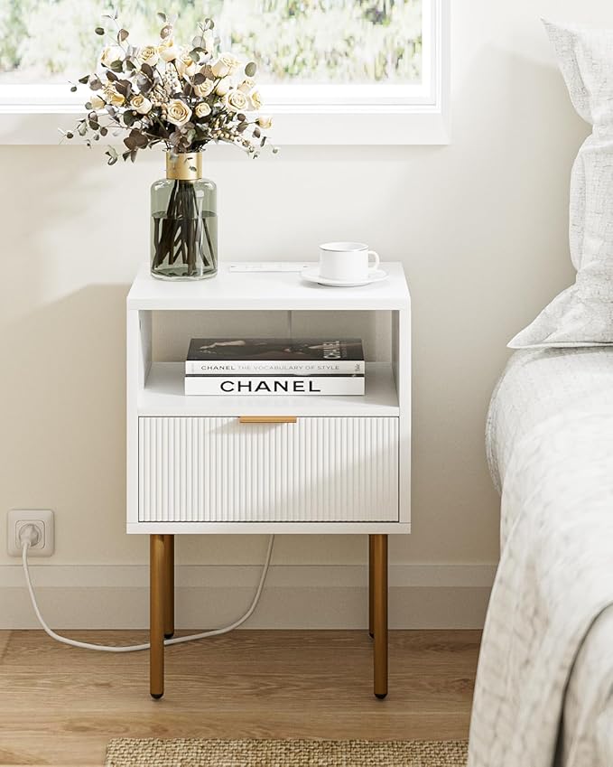 Nightstand with Charging Station, Morden Bedside Table with Gold Frame - Image 7