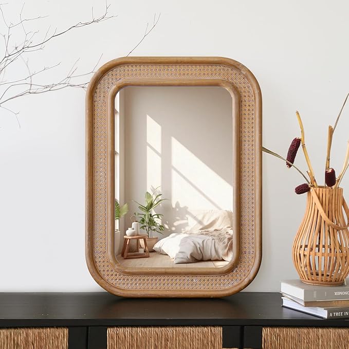 Micasso Rustic Wicker Wall Mirror: 30x22 in Purely Handmade Wooden Frame Rattan by Micasso