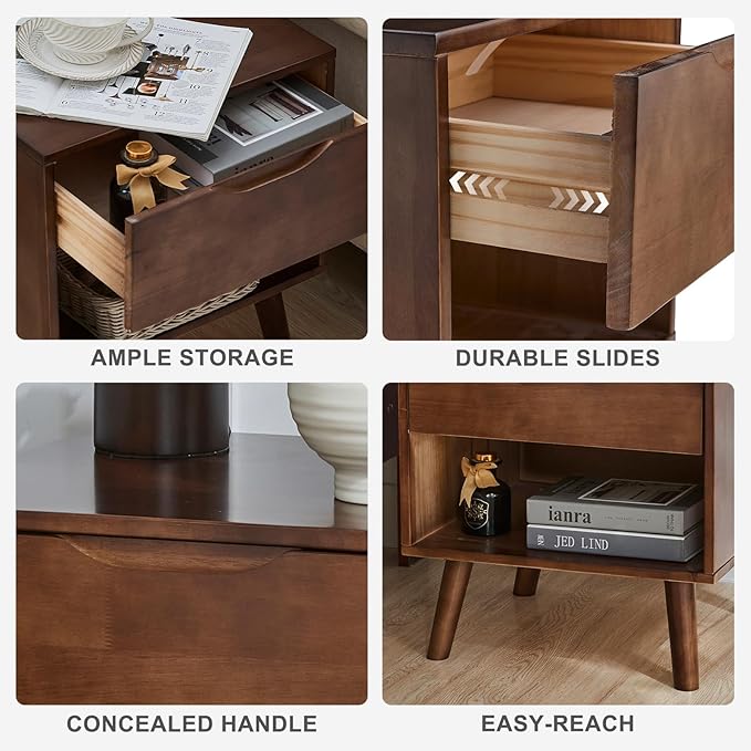 Uniclinens Nightstand with Drawer and Opening Storage, Modern Solid Rubberwood - Image 4