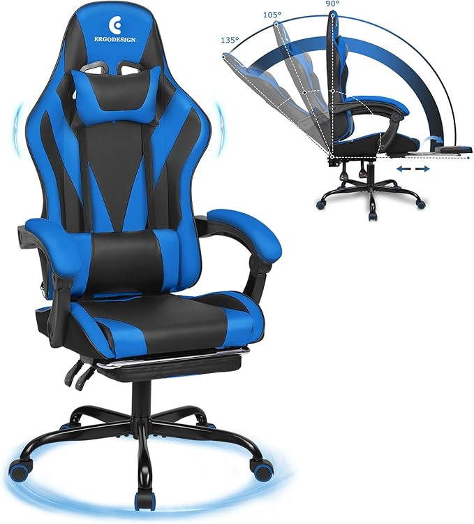 Gaming Chair with Linkage Armrest & Footrest, High Back Video Gaming Chair by Ergodesign