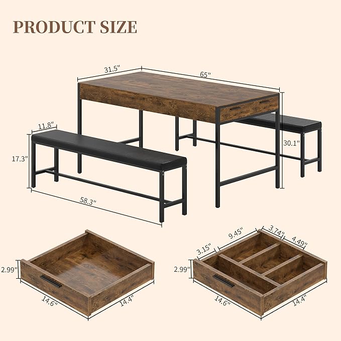 VECELO 65" Dining Table Set for 4-6, 3-Piece Kitchen Set - Image 2