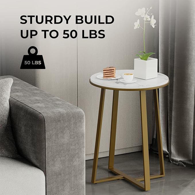 Round End Tables, Small Side Table White Marble Texture MDF Top, Metal Frame - Image 6
