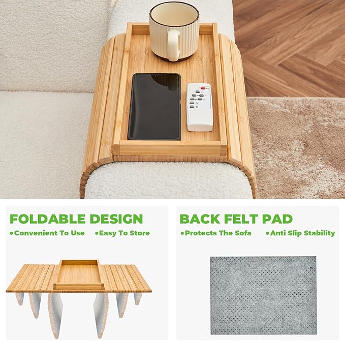 Bamboo Sofa Arm Tray, Anti Falling Couch Arm Tray Table, Foldable Couch Armrest - Image 6