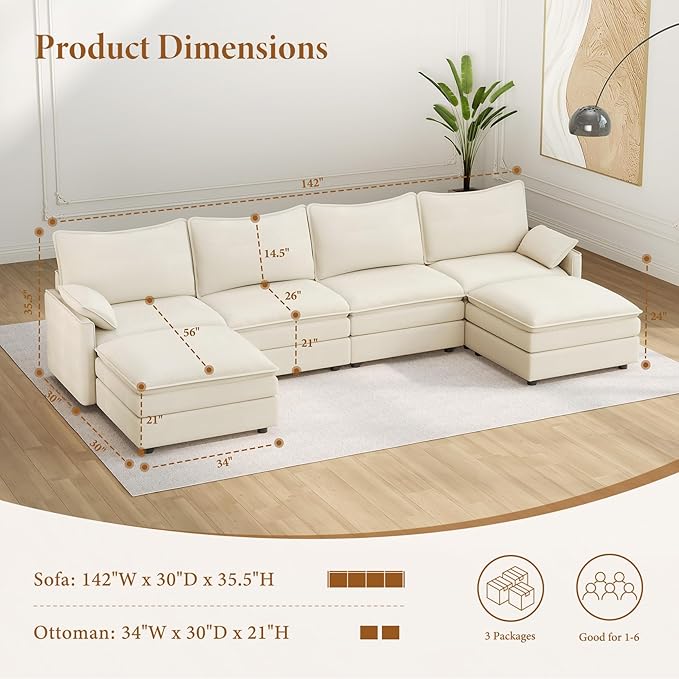 Vesgantti 142" U Shaped Sectional Couch, Comfy Cloud Modular Sectional Sofa - Image 2