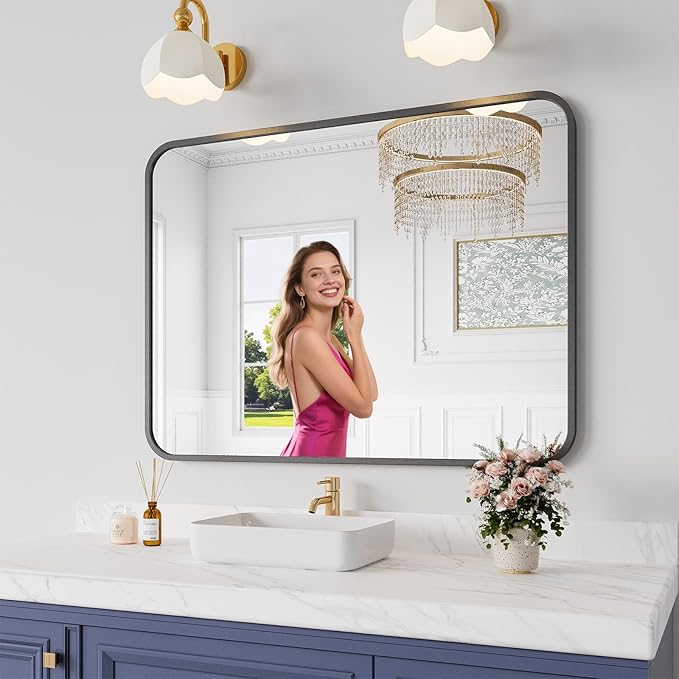 Bathroom Mirror, 30X40 Inch Black Metal Framed Mirror by KOONMI