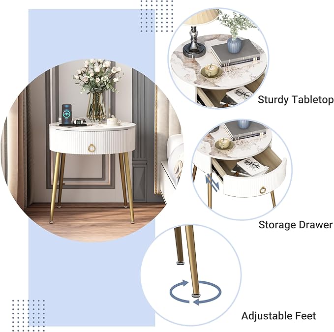 OIOG Round Nightstand with Drawer, Modern Side Table with Marbling Natural - Image 4