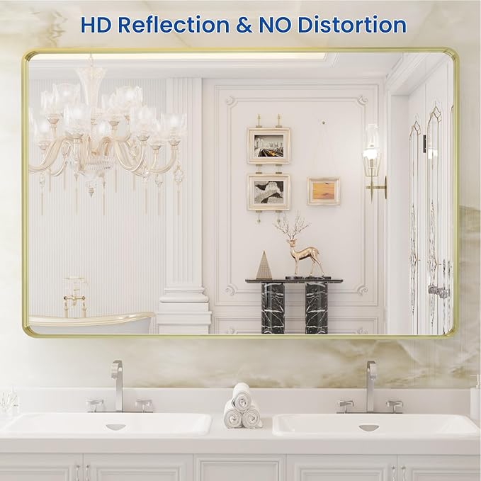 WEER Gold Bathroom Mirror, 40X30 Inch Brushed Gold Metal Frame Mirror, Rounded - Image 2
