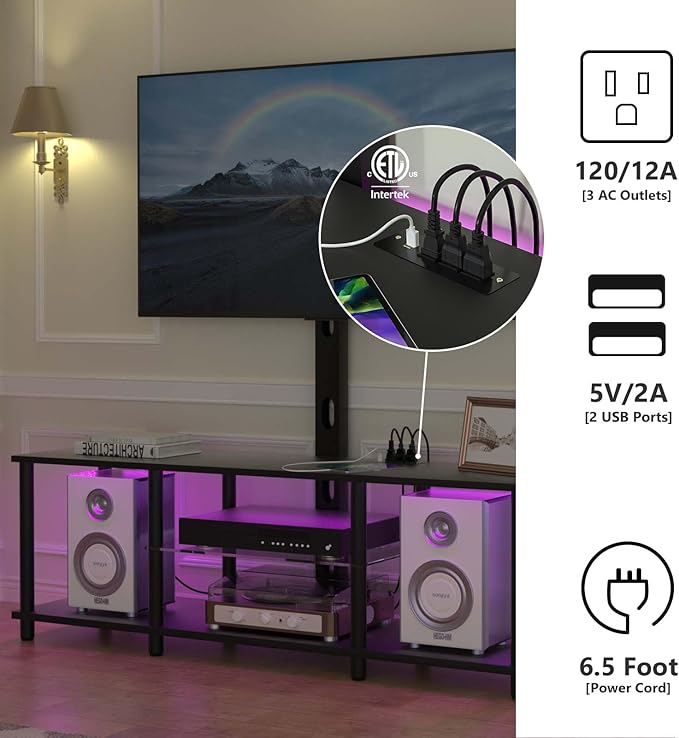 TV Stand with Mount and Led Light，Black TV Stand with Power Outlets - Image 5