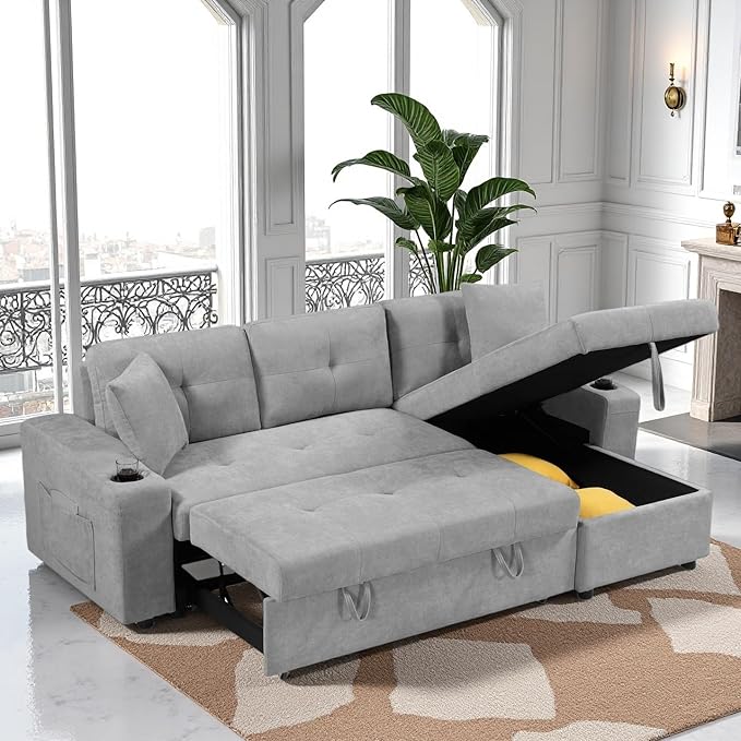 L Shape Pull Out Sofa Bed with Cup Holder, Convertible Sectional Couch with - Image 5