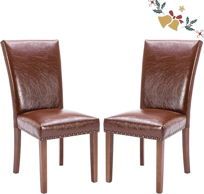 Parsons Dining Chairs Set of 2, Upholstered Nailhead PU Leather Dining Room by COLAMYINC