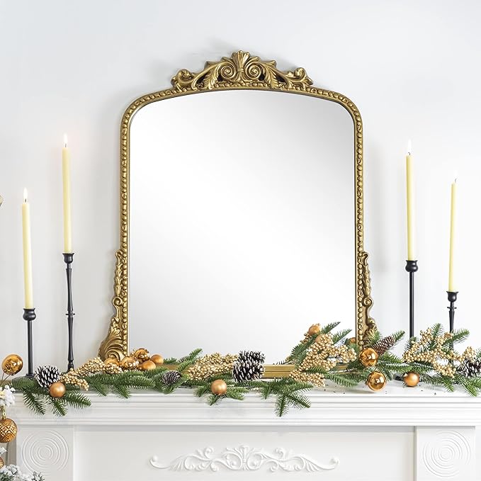 Antique Gold Ornate Mirror Arched Mantel Mirror Baroque Inspired Ornate Dresser by EGHOME