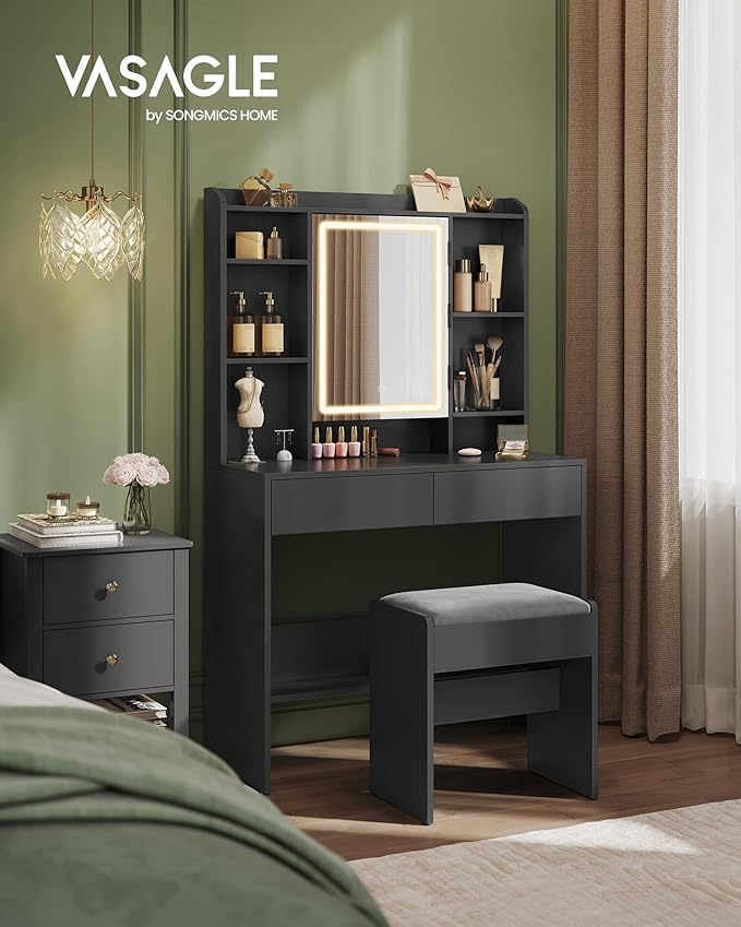 VASAGLE Vanity Desk with Mirror and Lights, Makeup Vanity with Upholstered - Image 2