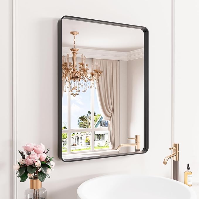 Black Bathroom Mirror 22X30 Inch, Rounded Rectangle Matte Bathroom Vanity Mirror - Image 2