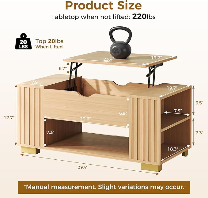 COMHOMA Lift Top Coffee Tables for Living Room, Adjustable Wooden Tea Table for - Image 3