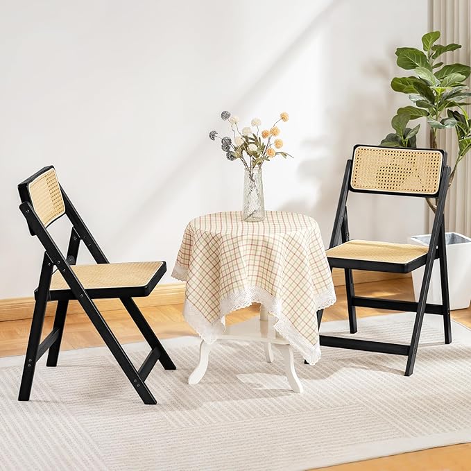 Rattan Folding Chairs, Modern Mid Century Dining Chairs Set of 2, Outdoor - Image 2