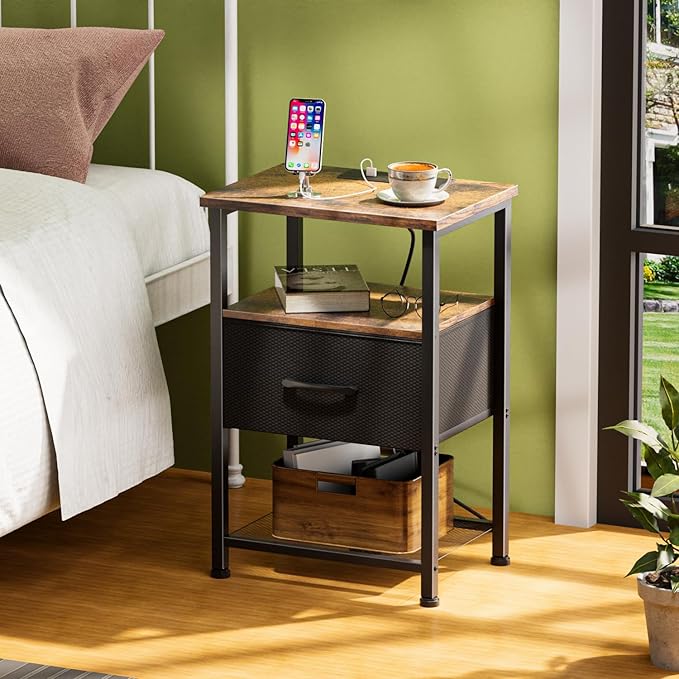 Nightstands Set of 2 with Charging Station and Drawer, End Table Bedside Table - Image 9