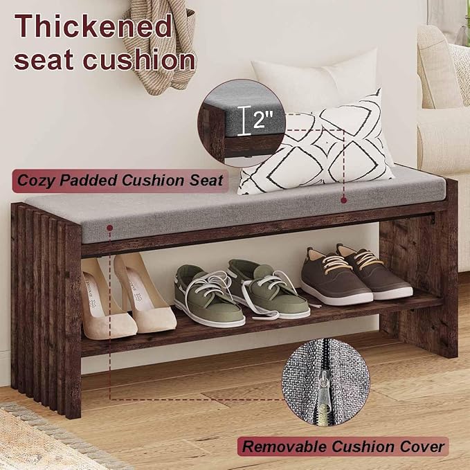 BON AUGURE Entryway Bench with Shoe Storage, 2-Tier Shoe Rack Bench with Cushion - Image 3