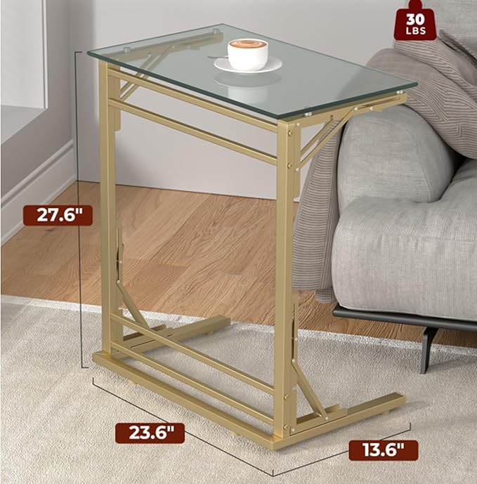 Tatub 24" Folding C Shaped End Table, Small Tempered Glass Side Table - Image 2