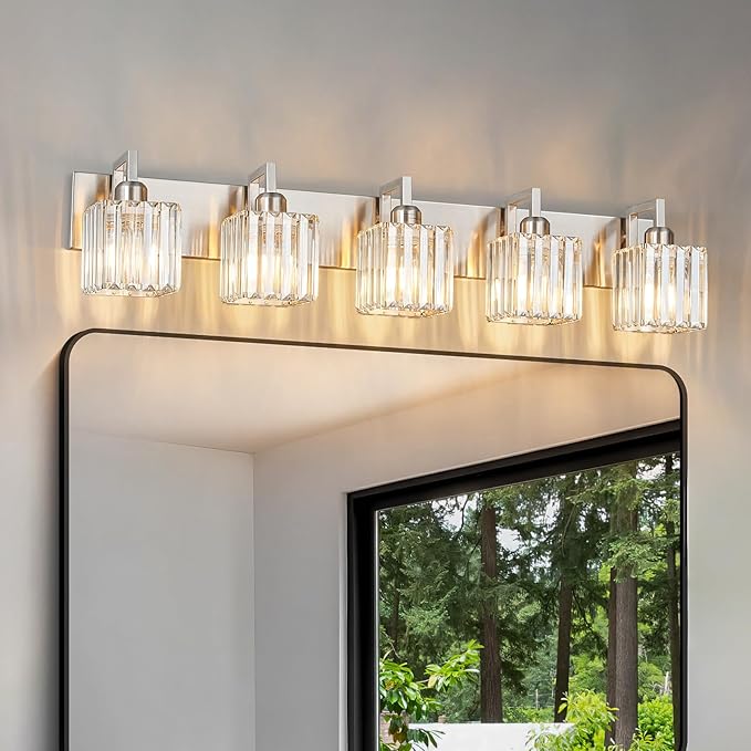Modern Bathroom Vanity Light 5-Lights Brushed Nickel Vanity Light Crystal Wall - Image 3