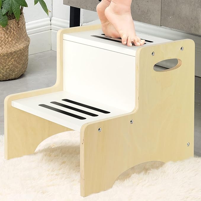WOOD CITY Kids Step Stool for Toddler, Wooden Natural-White Patchwork Two Step by WOODCITY
