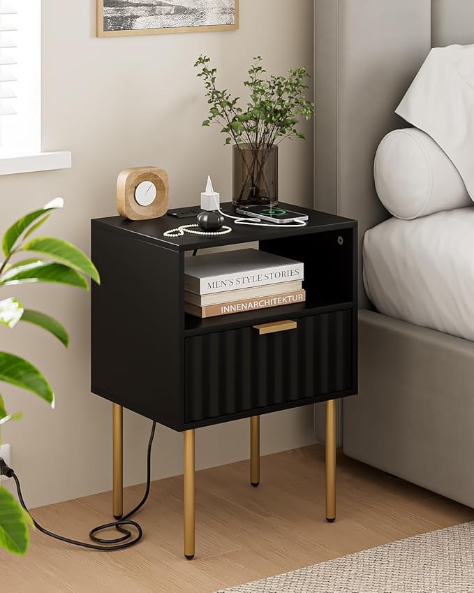 Masupu Nightstand with Charging Station, Mid-Century Modern Bedside Table with - Image 8
