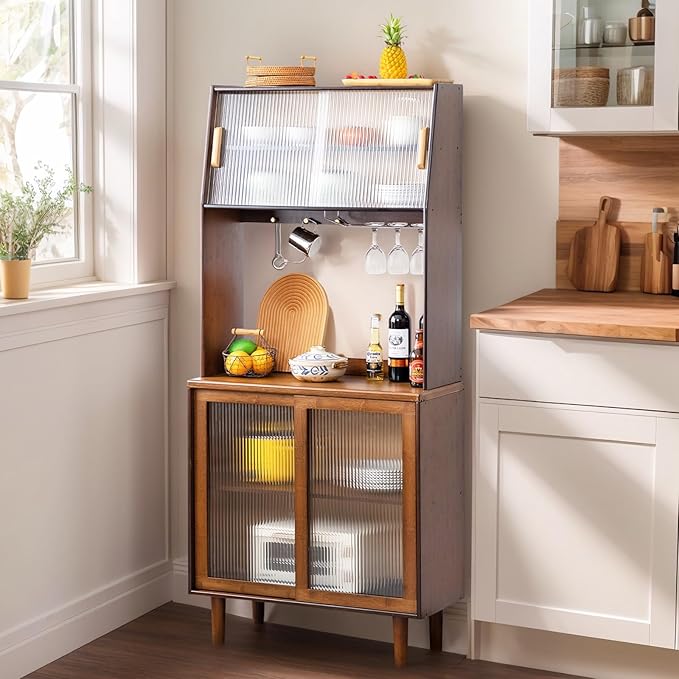 Tiita Kitchen Hutch with Countertop, 69” Rattan Solid Wood Pantry Cabinet with - Image 5