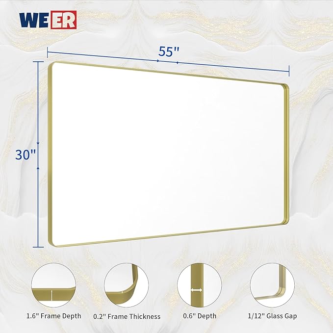 WEER Gold Bathroom Mirror, 55X30 Inch Brushed Gold Metal Frame Mirror, Rounded - Image 6