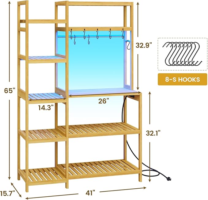 Bakers Rack with Power Outlet, Coffee Bar, 10-Tier Kitchen Shelves with 8 Hooks - Image 2