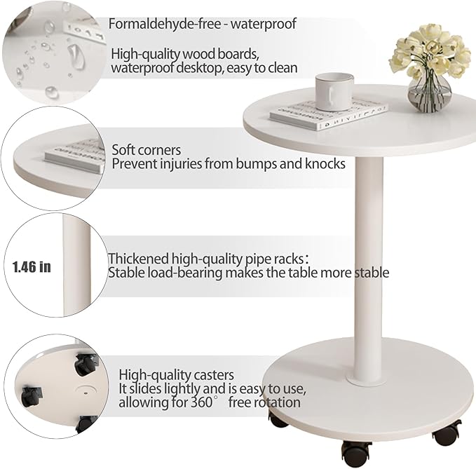 Pedestal Side Table Round with Wheel, Rotating Couch Tables That Slide Under - Image 5