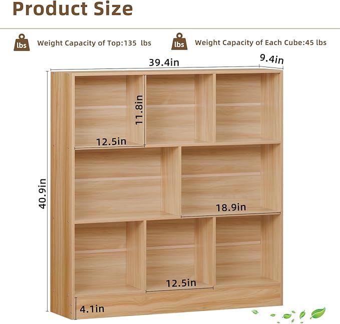 LEYAOYAO 8 Cube Bookshelf with Base, 3 Tier Mid-Century Modern Natural Bookcase - Image 2