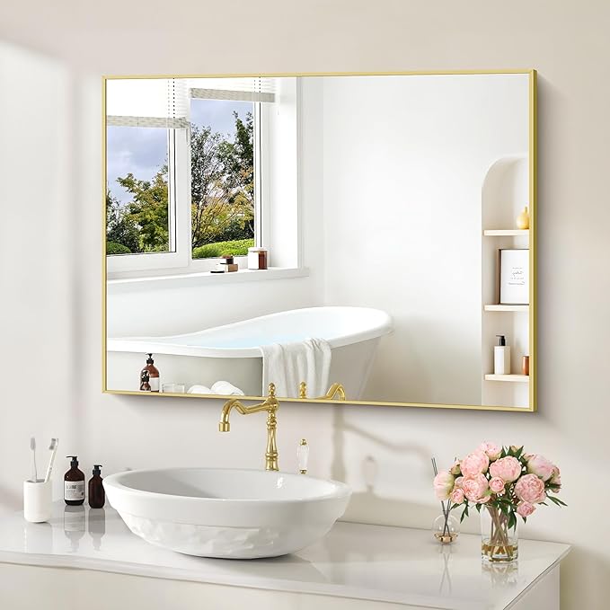 30x40In Gold Bathroom Mirror for Wall, Brushed Gold Rectangle Mirrors - Image 2