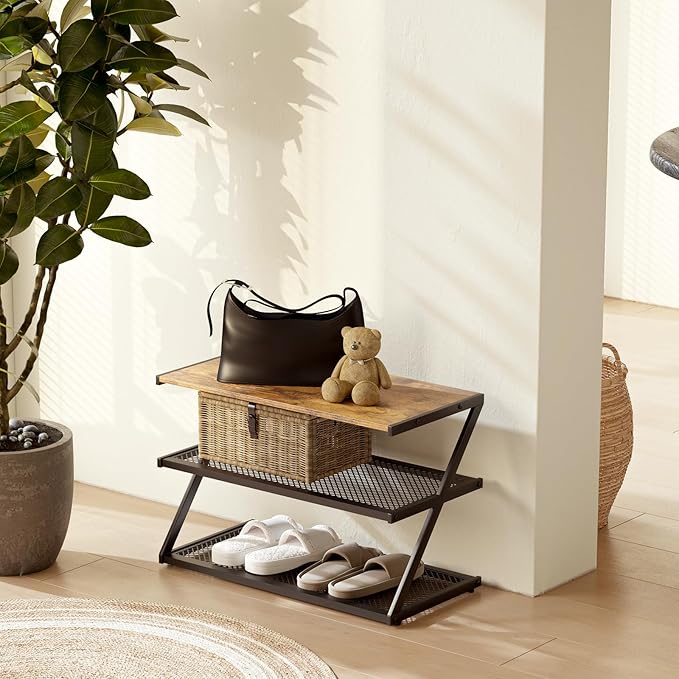 Z-Frame Shoe Rack with Wooden Top & Metal Mesh Shelves - Image 5