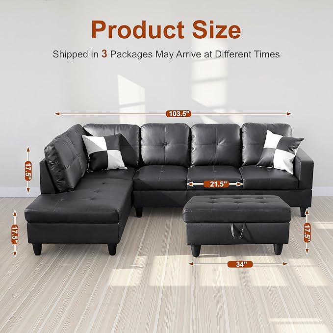 Osparple L Shaped Couch Faux Leather Sectional Couches - Image 2
