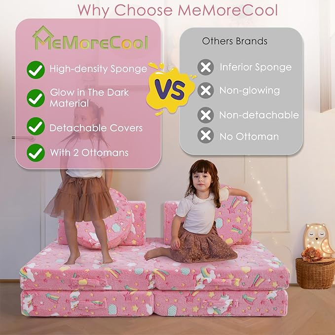 MeMoreCool Modular Pink Unicorn Glow-in-The-Dark Kids Play Couch, 8-Piece - Image 6