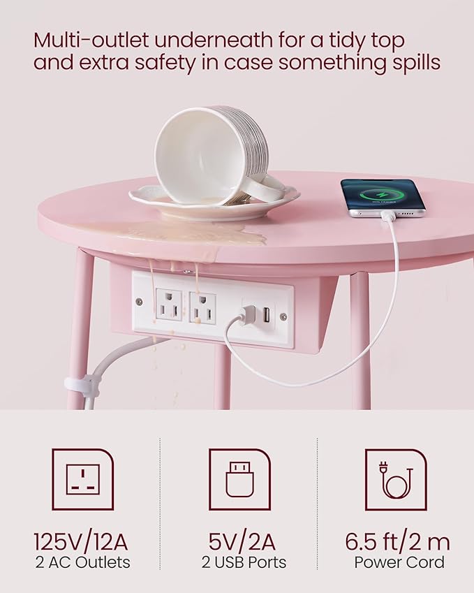 VASAGLE Side Table with Charging Station, Round End Table with Fabric Basket - Image 5