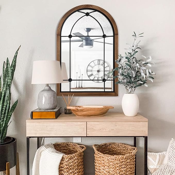 blue page Arched Mirror, Farmhouse Wall Decor Accent, Rustic Wood Framed Mirror - Image 6