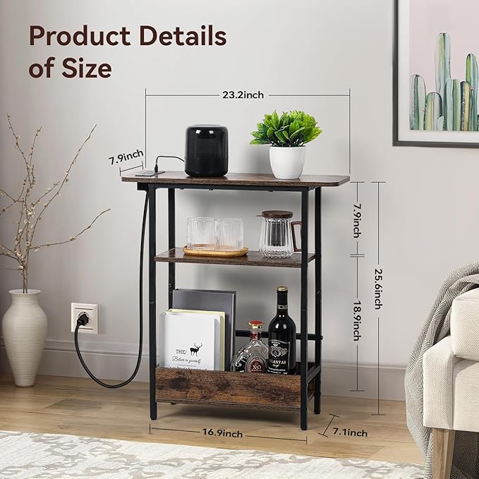 Narrow Side Table with USB-C Charging Station, 3-Tier Slim End Table with - Image 3