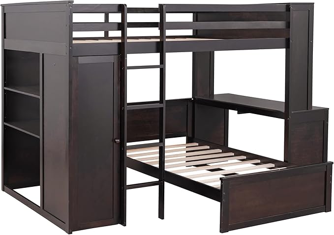Full Size Loft Bed with Wardrobe Desk and Shelves, Solid Wood Bunk Stand-Alone - Image 9