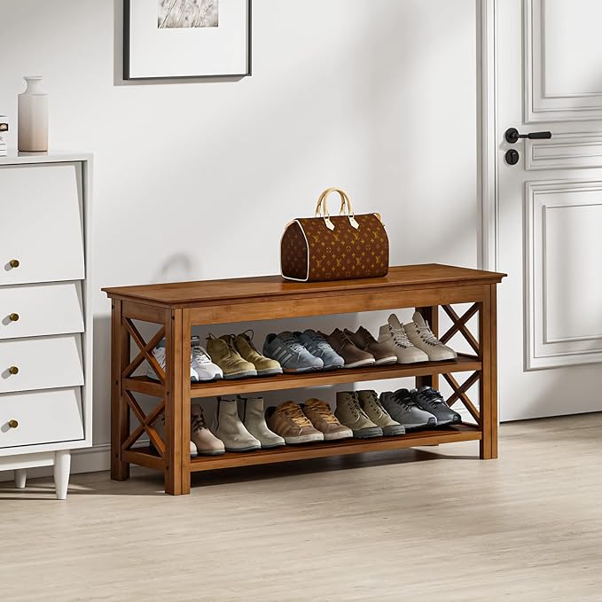 Bamworld Shoe Rack Bench with Storage 3 Tier Bamboo Shoe Bench Entryway Rustic by Bamworld