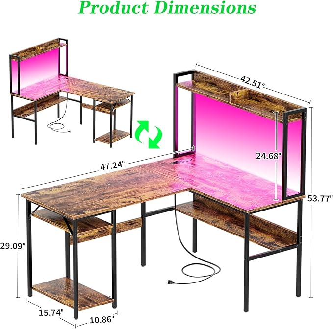 L Shaped Computer Desk with Hutch and Storage Shelves, Gaming Desk with LED - Image 3