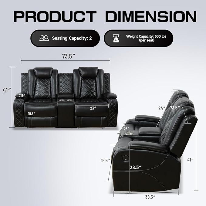 Nicbex PU Leather Power Wall Hugger Chair Double Reclining Sectional Sofa - Image 2