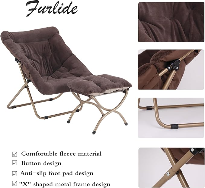 Saucer Chair with Ottoman, Oversized Folding Faux Fur Chair, Foldable Metal - Image 4