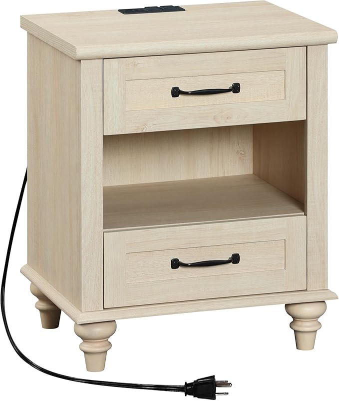WAMPAT Beige Side Table with Charging Station, Elegant Nightstand - Image 9