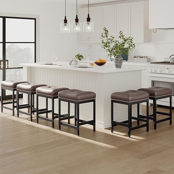 MALOL Set of 6 Saddle Bar Stools Counter Height 24.4”, Backless Barstools by Unknown