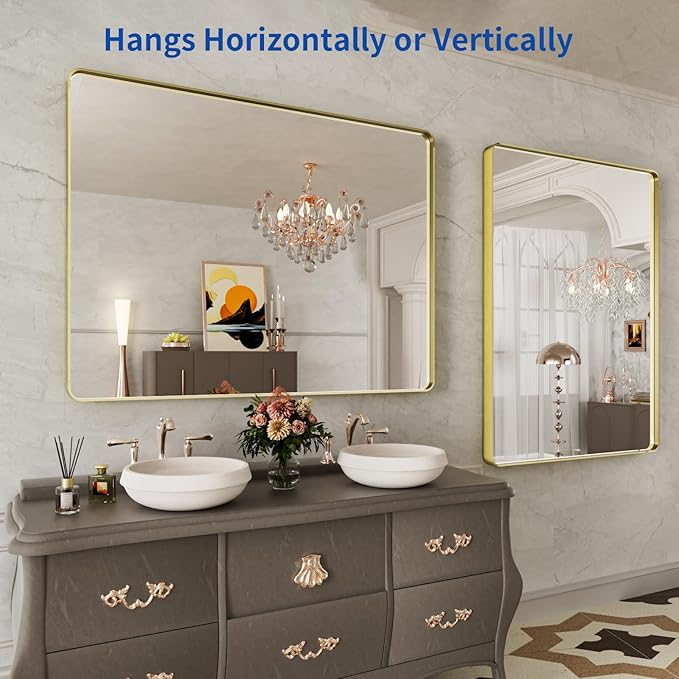 WEER Gold Bathroom Mirror, 48X36 Inch Brushed Gold Metal Frame Mirror, Rounded - Image 5