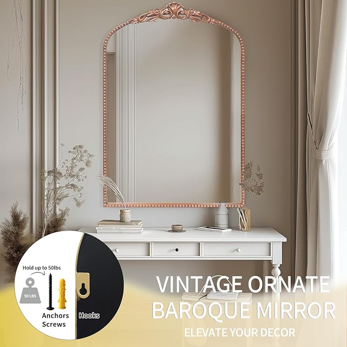 G-LEAF Vintage Baroque Mirror 24"X36", Arched Mantel Victorian Antique - Image 4