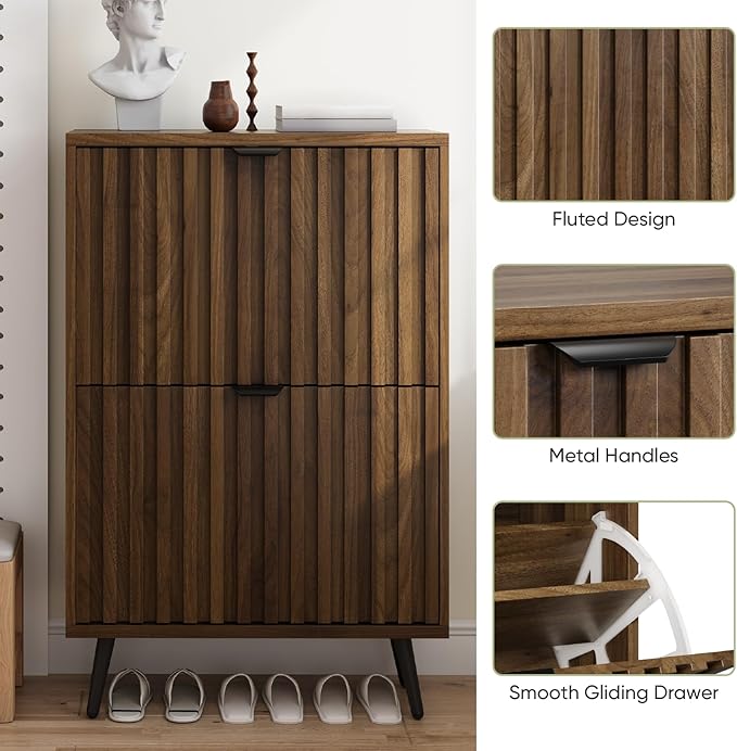 Smuxee Shoe Cabinet with 2 Flip Drawers, 23.6" Walnut Hidden Shoe Storage - Image 5