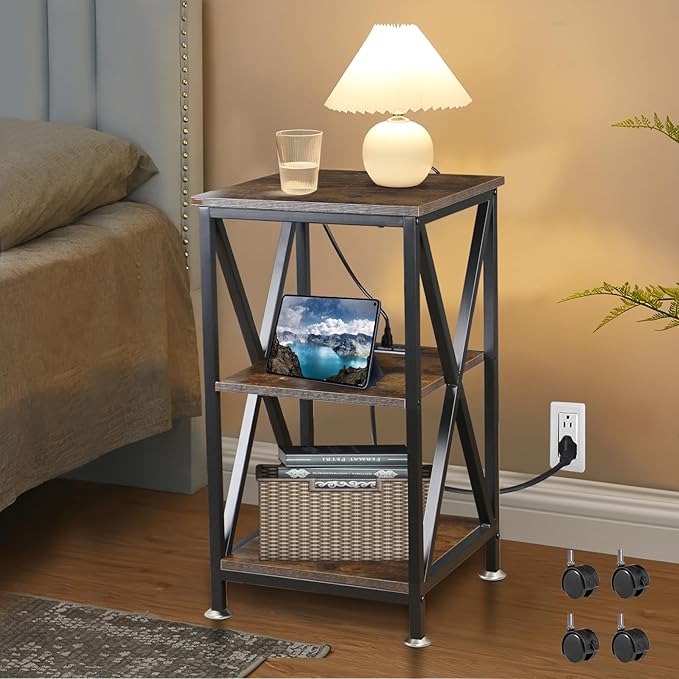 Square End Table with Charging Station, 3-Tier End Table Living Room, Wood and - Image 8
